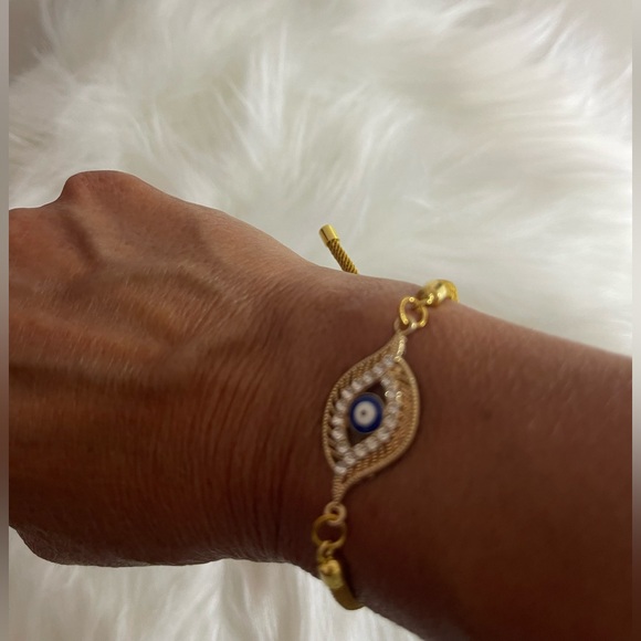 Gold and Blue Evil Eye Adjustable Bracelet - Picture 2 of 2